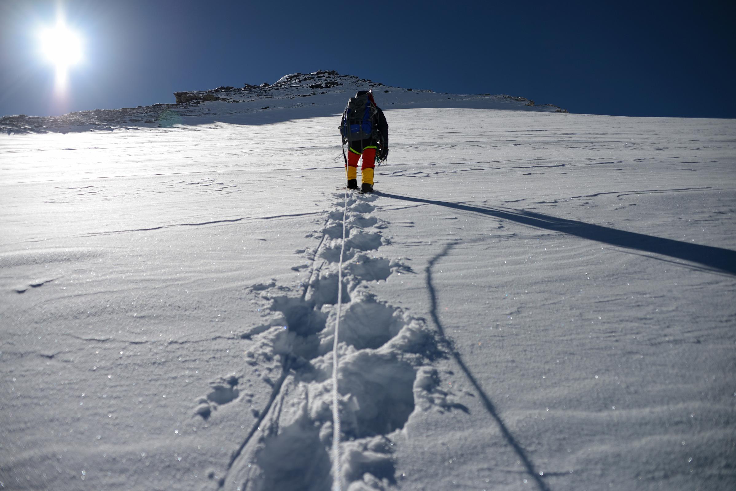 43 Climbing Sherpa Lal Singh Tamang Leads The Way Up The Slope At 6858m To The Rock Band Early Morning On The Climb To Lhakpa Ri Summit 